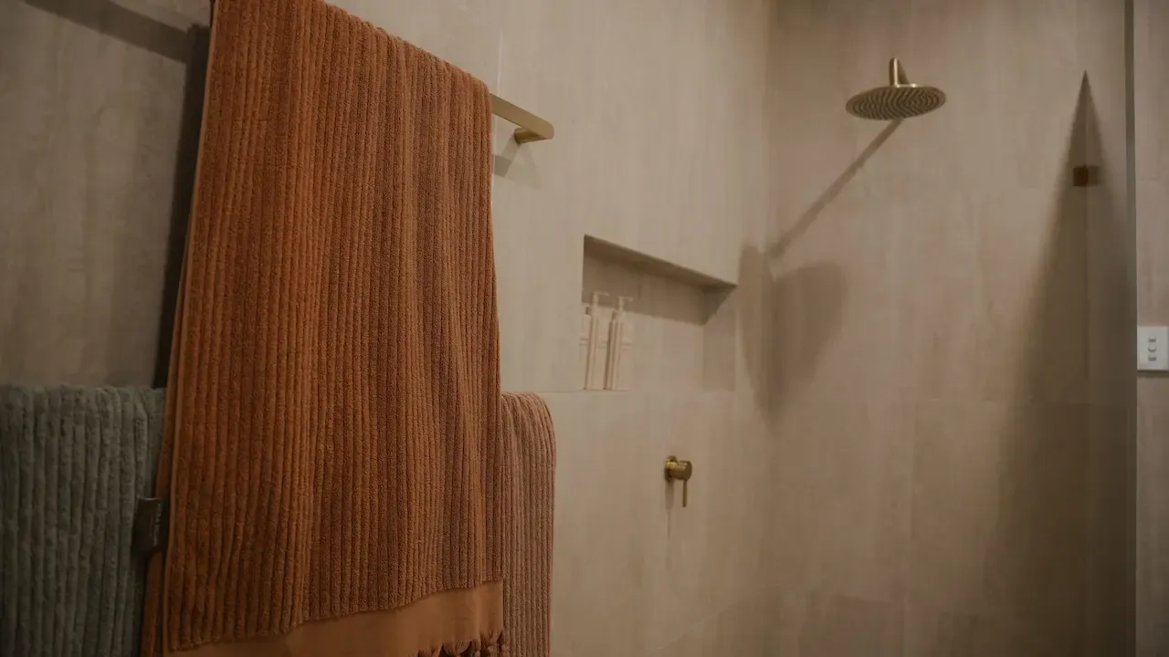 Shower in newly renovated luxury main bathroom.