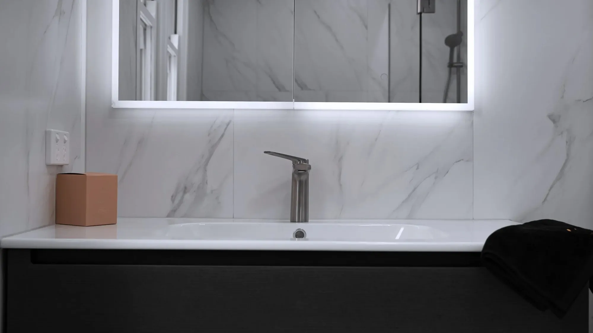 Freestanding bath in a completed bathroom renovation
