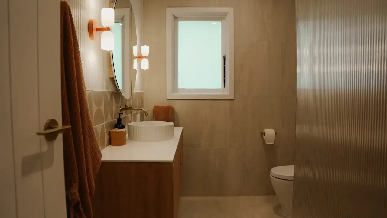 Wide view of the completed luxury main bathroom renovation.
